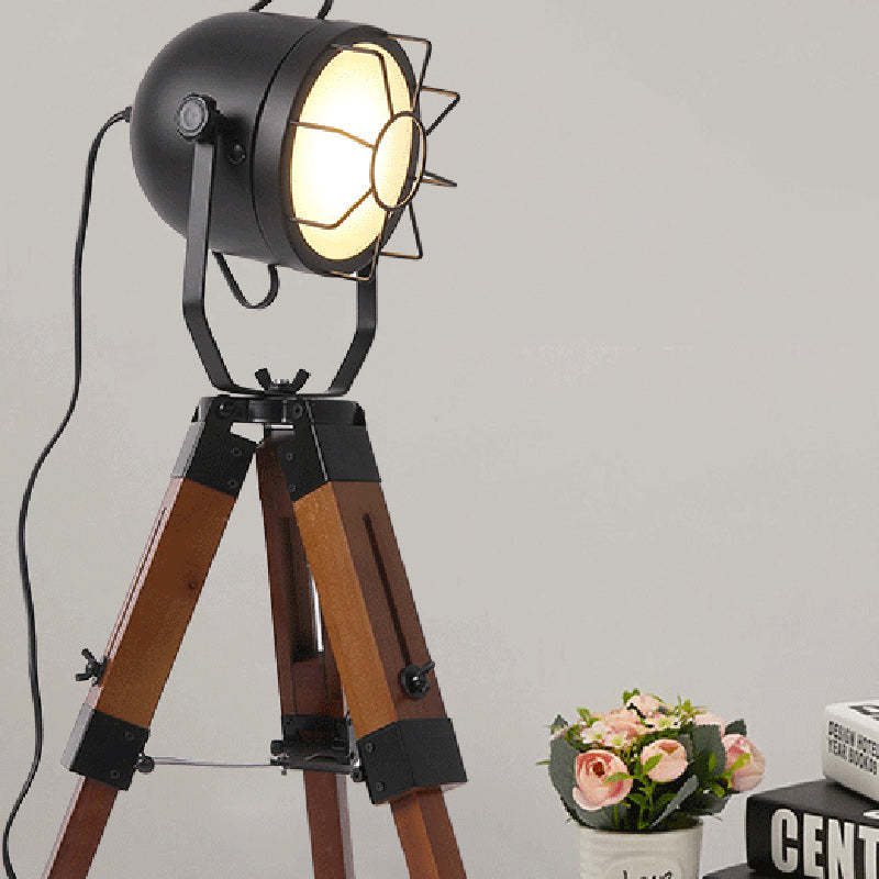 Vintage Tripod Cylinder Iron Wood Table Lamp