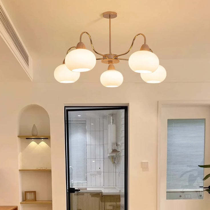 Japanese Branch Curved Oval Iron Wood Glass Chandelier
