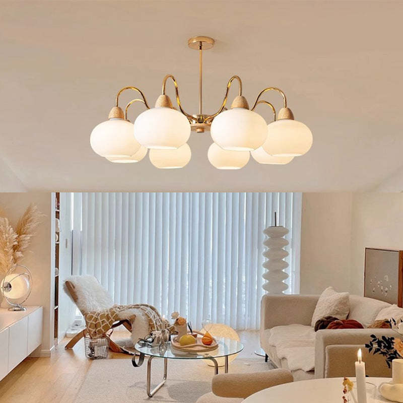 Japanese Branch Curved Oval Iron Wood Glass Chandelier