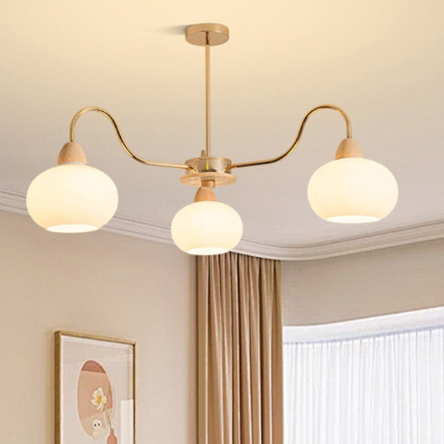 Japanese Branch Curved Oval Iron Wood Glass Chandelier