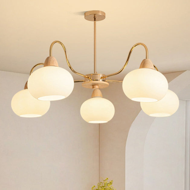 Japanese Branch Curved Oval Iron Wood Glass Chandelier