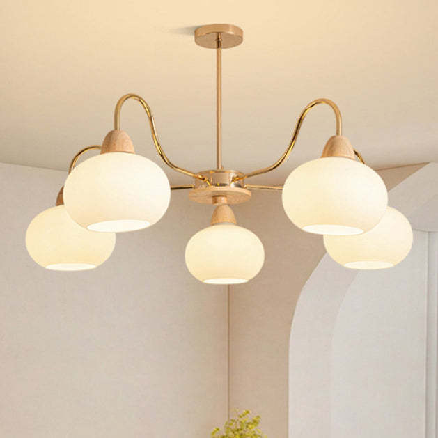 Japanese Branch Curved Oval Iron Wood Glass Chandelier