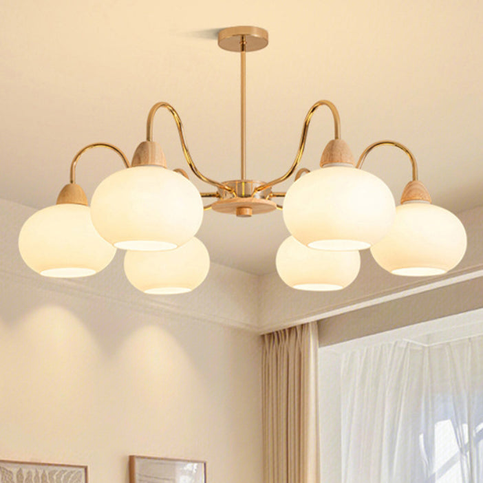 Japanese Branch Curved Oval Iron Wood Glass Chandelier