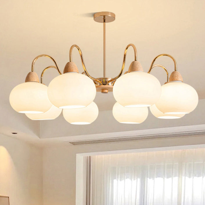 Japanese Branch Curved Oval Iron Wood Glass Chandelier