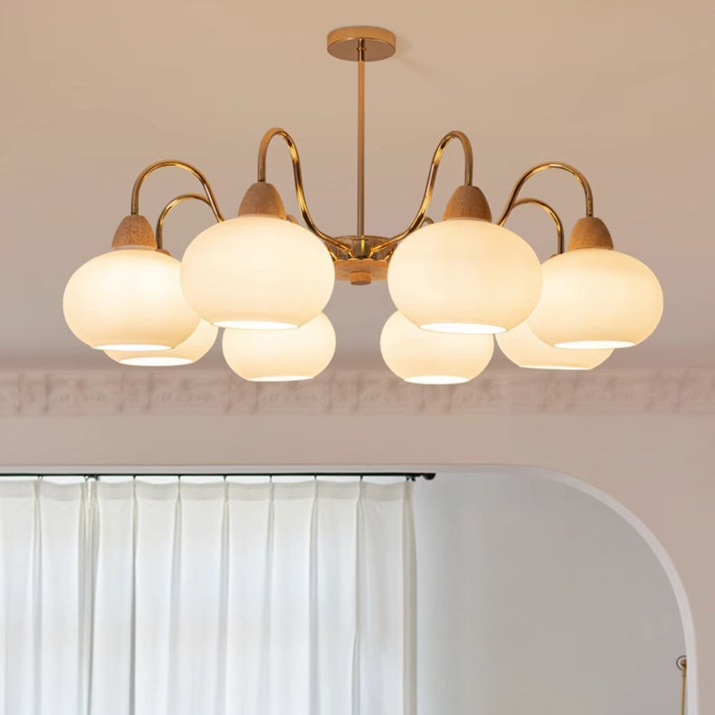 Japanese Branch Curved Oval Iron Wood Glass Chandelier