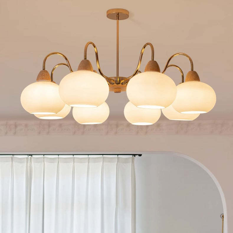 Japanese Branch Curved Oval Iron Wood Glass Chandelier