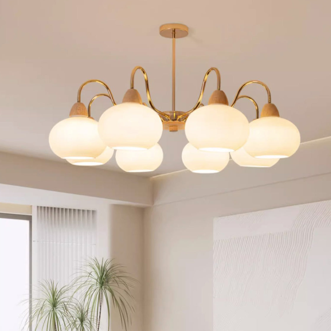 Japanese Branch Curved Oval Iron Wood Glass Chandelier