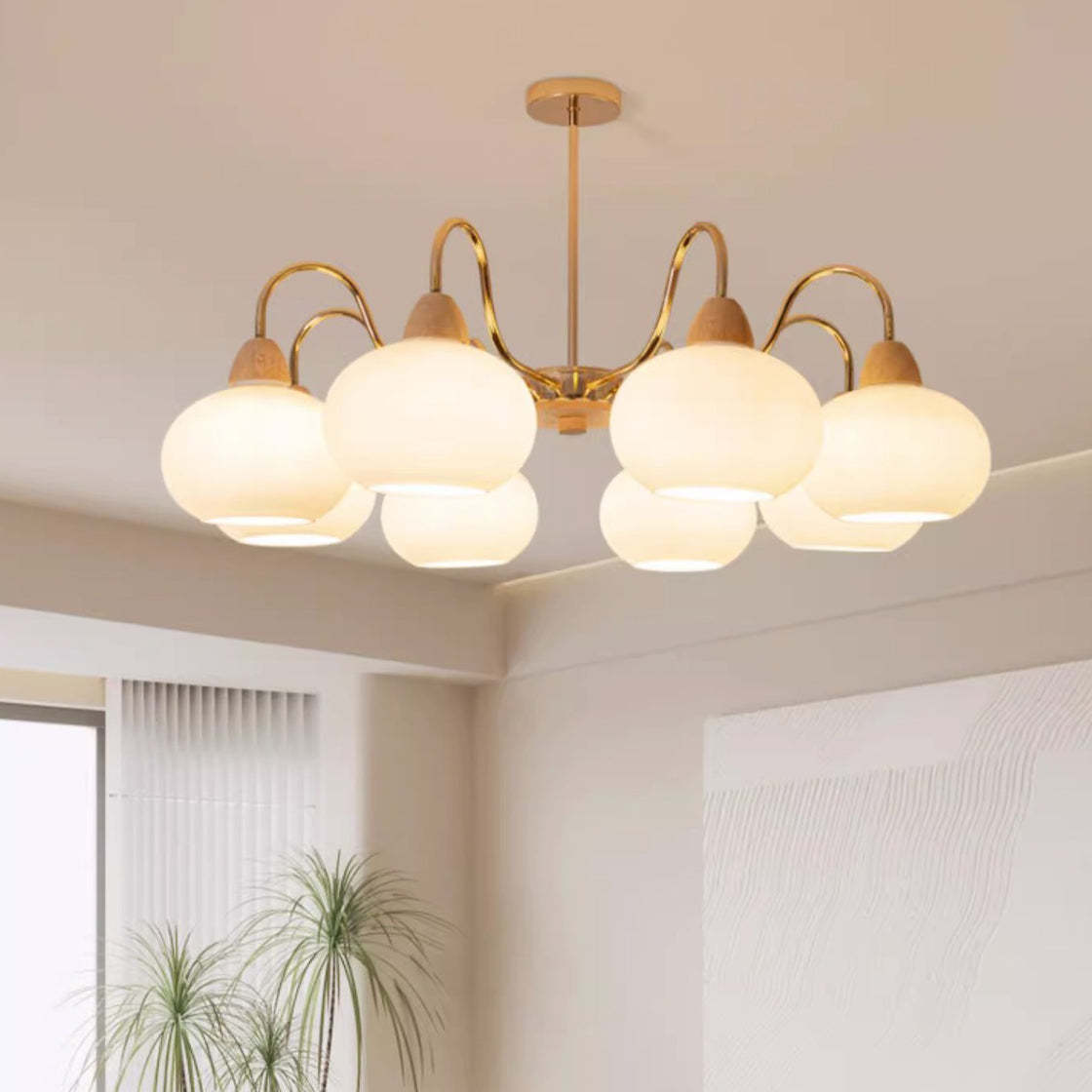 Japanese Branch Curved Oval Iron Wood Glass Chandelier