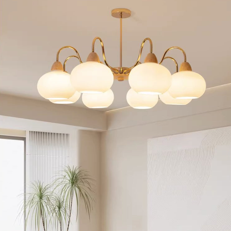 Japanese Branch Curved Oval Iron Wood Glass Chandelier