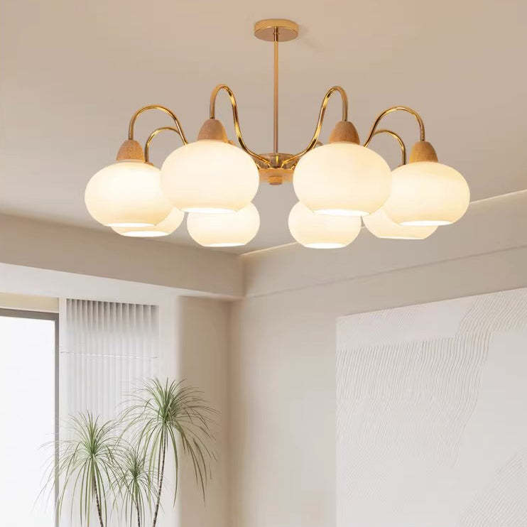 Japanese Branch Curved Oval Iron Wood Glass Chandelier