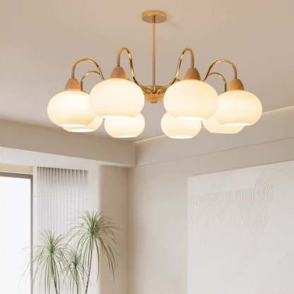 Japanese Branch Curved Oval Iron Wood Glass Chandelier