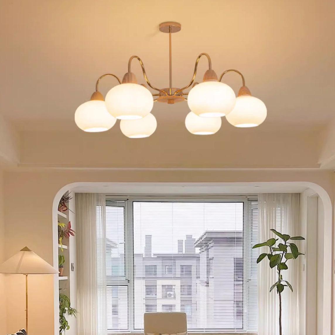 Japanese Branch Curved Oval Iron Wood Glass Chandelier