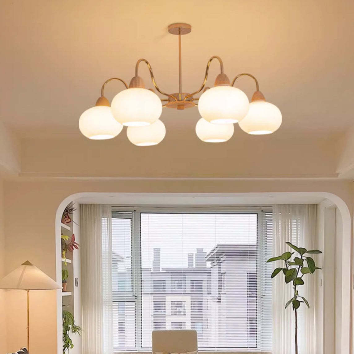 Japanese Branch Curved Oval Iron Wood Glass Chandelier