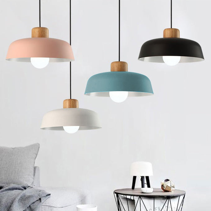 Nordic Pot Lid Wood Iron Pendant Light