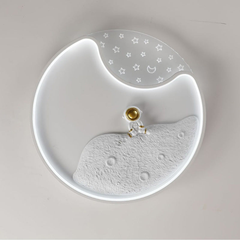 Round Moon Astronaut Iron Acrylic LED Flush Ceiling Light