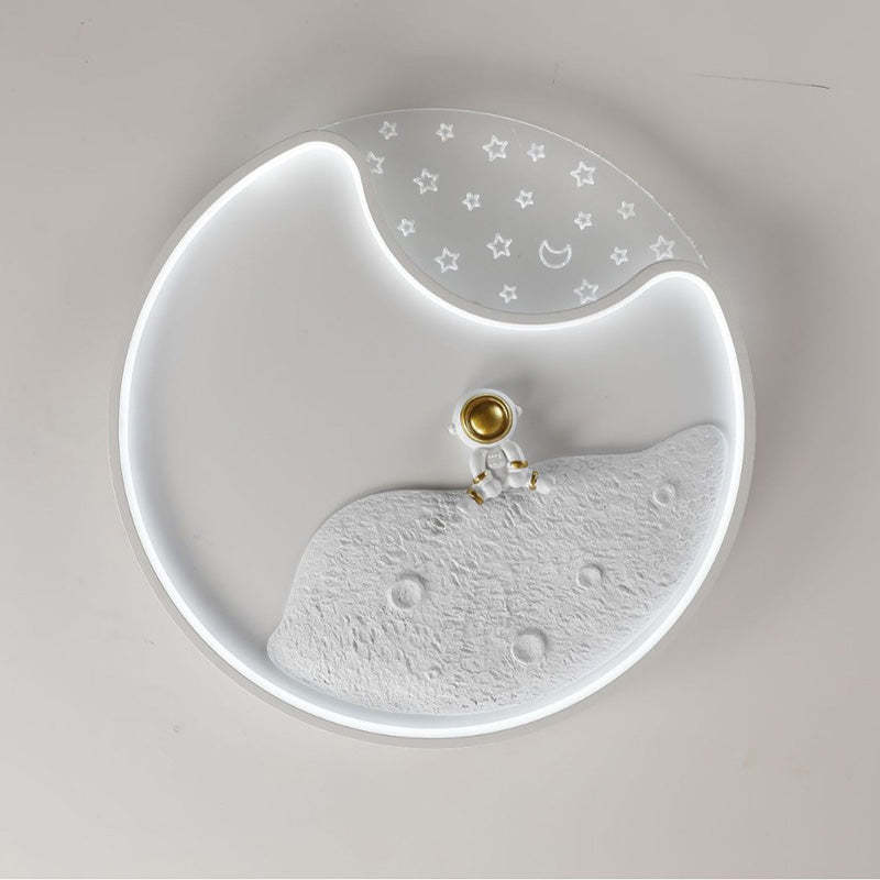Round Moon Astronaut Iron Acrylic LED Flush Ceiling Light