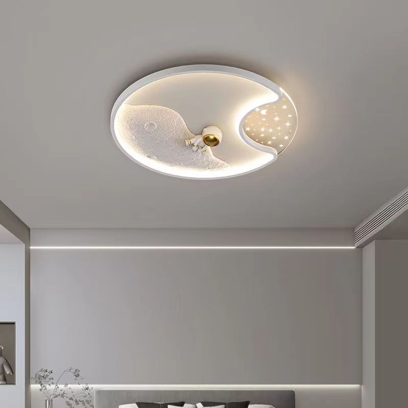 Round Moon Astronaut Iron Acrylic LED Flush Ceiling Light