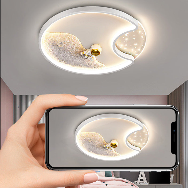 Round Moon Astronaut Iron Acrylic LED Flush Ceiling Light