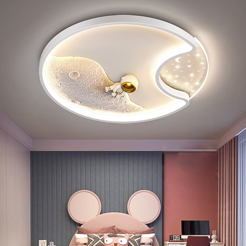 Round Moon Astronaut Iron Acrylic LED Flush Ceiling Light