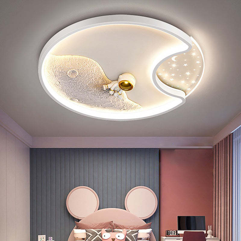 Round Moon Astronaut Iron Acrylic LED Flush Ceiling Light