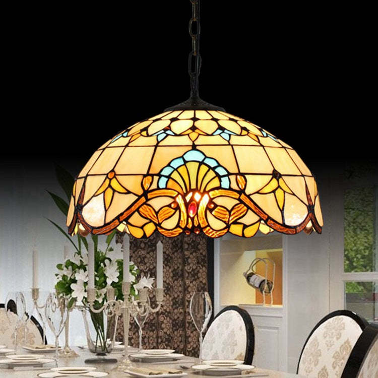 Tiffany Dome Baroque Flower Stained Glass Iron Pendant Light — 220V-240V For UK/AU