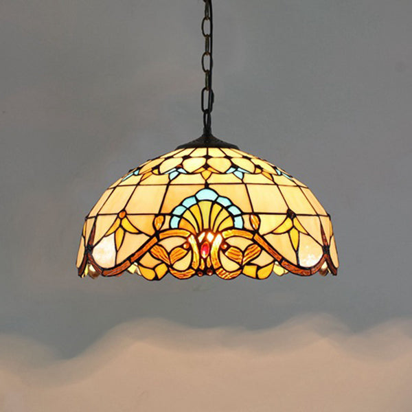 Tiffany Dome Baroque Flower Stained Glass Iron Pendant Light
