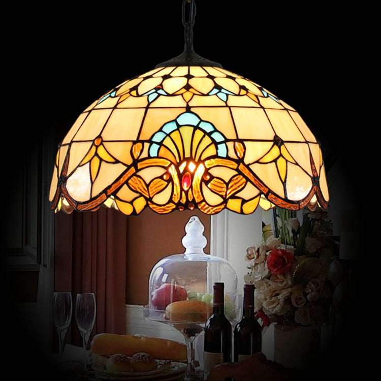 Tiffany Dome Baroque Flower Stained Glass Iron Pendant Light