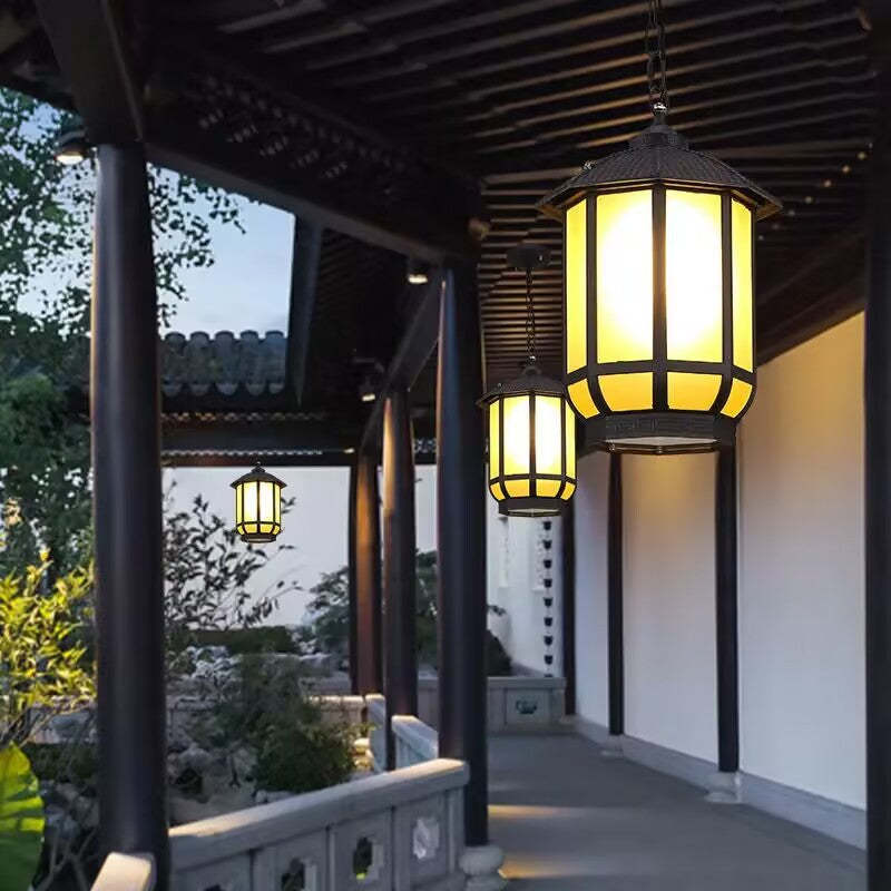 Chinese Round Lantern Aluminum Iron Glass Pendant Light