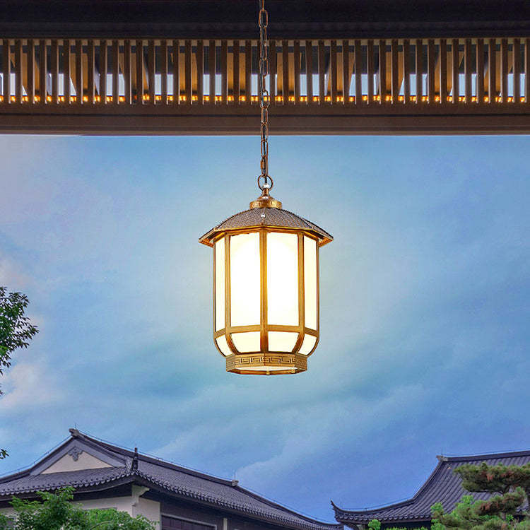 Chinese Round Lantern Aluminum Iron Glass Pendant Light — Gold / 110V-120V For US/CA