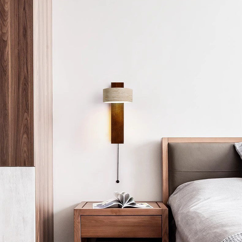 Japanese Rectangle Yellow Travertine Solid Wood Wall Sconce — Wood Color / White Light (5000K) / 110V-120V For US/CA