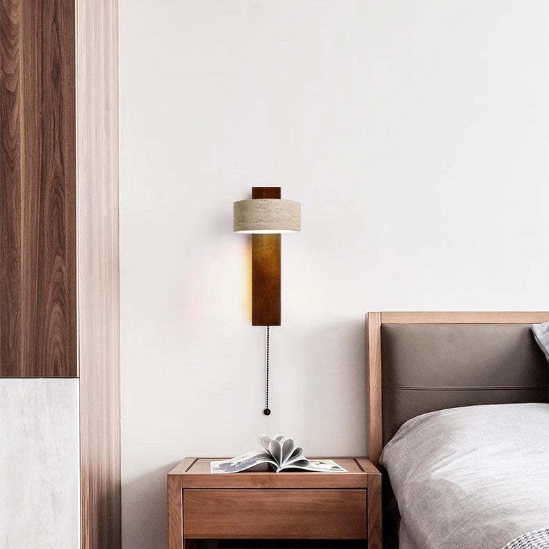 Japanese Rectangle Yellow Travertine Solid Wood Wall Sconce — Wood Color / White Light (5000K) / 110V-120V For US/CA