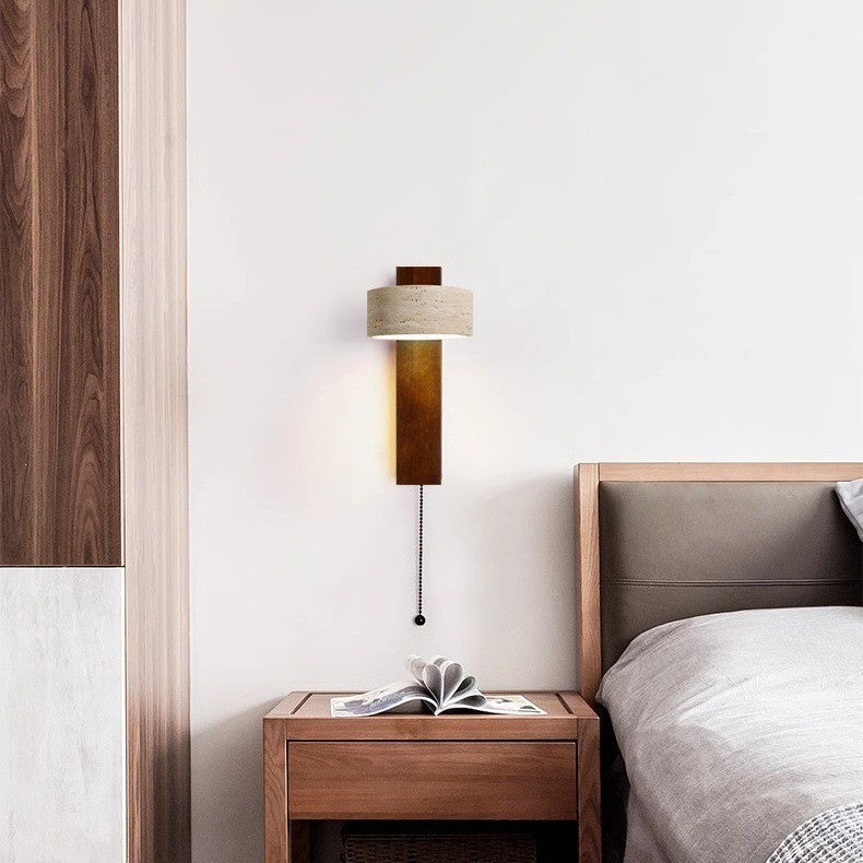Japanese Rectangle Yellow Travertine Solid Wood Wall Sconce — Wood Color / White Light (5000K) / 220V-240V For UK/AU