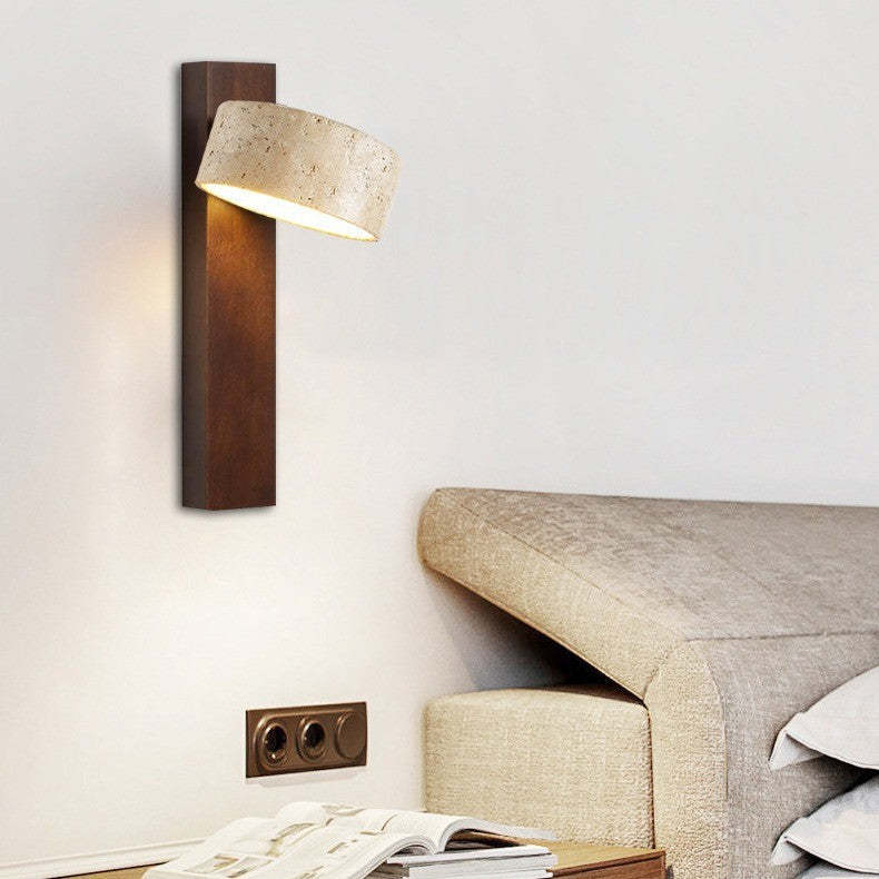 Japanese Rectangle Yellow Travertine Solid Wood Wall Sconce — Walnut Color - With Zipper Switch / Warm Light(3000K) / 110V-120V For US/CA