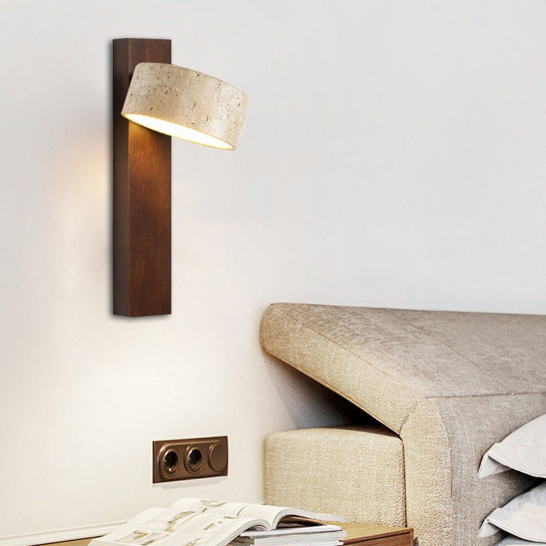 Japanese Rectangle Yellow Travertine Solid Wood Wall Sconce — Walnut Color - With Zipper Switch / Warm Light(3000K) / 220V-240V For UK/AU