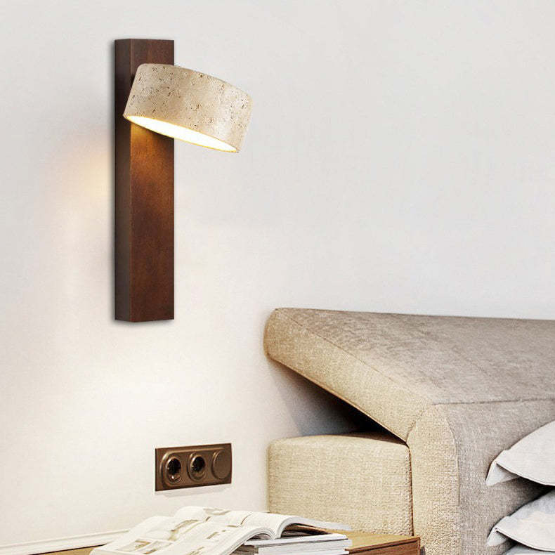 Japanese Rectangle Yellow Travertine Solid Wood Wall Sconce