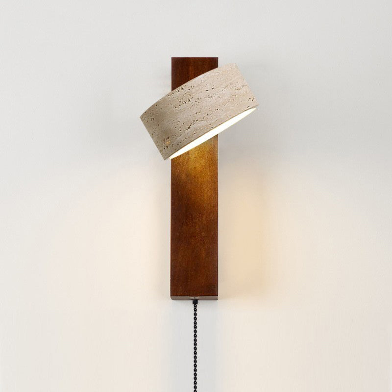 Japanese Rectangle Yellow Travertine Solid Wood Wall Sconce — Walnut Color - With Zipper Switch / White Light (5000K) / 110V-120V For US/CA