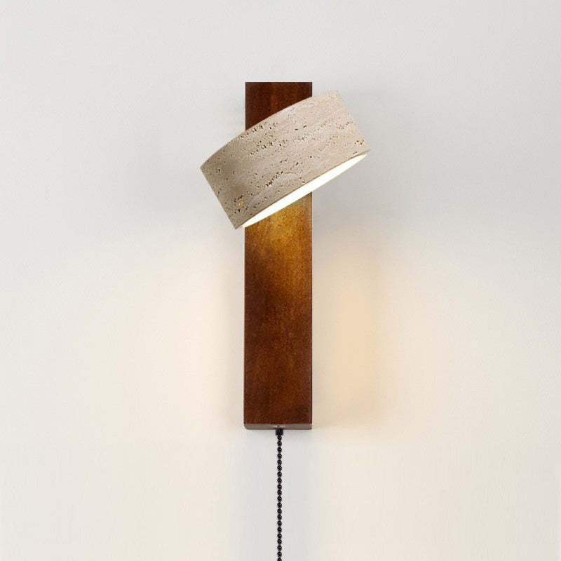 Japanese Rectangle Yellow Travertine Solid Wood Wall Sconce — Walnut Color - With Zipper Switch / White Light (5000K) / 110V-120V For US/CA