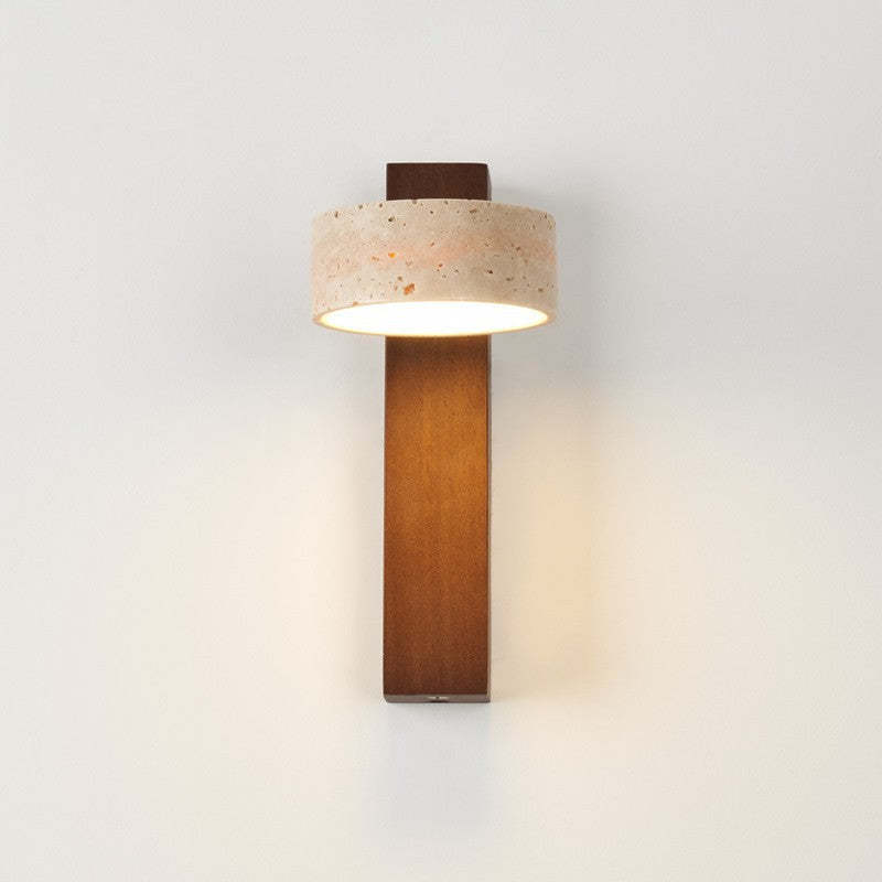 Japanese Rectangle Yellow Travertine Solid Wood Wall Sconce — Walnut Color - With Zipper Switch / White Light (5000K) / 220V-240V For UK/AU