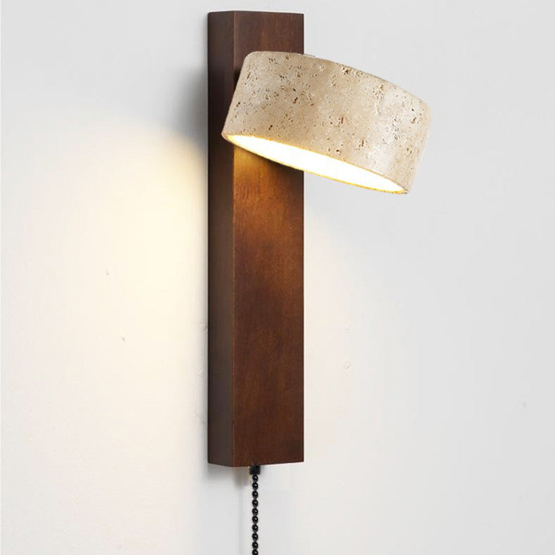 Japanese Rectangle Yellow Travertine Solid Wood Wall Sconce — Wood Color / Warm Light(3000K) / 110V-120V For US/CA
