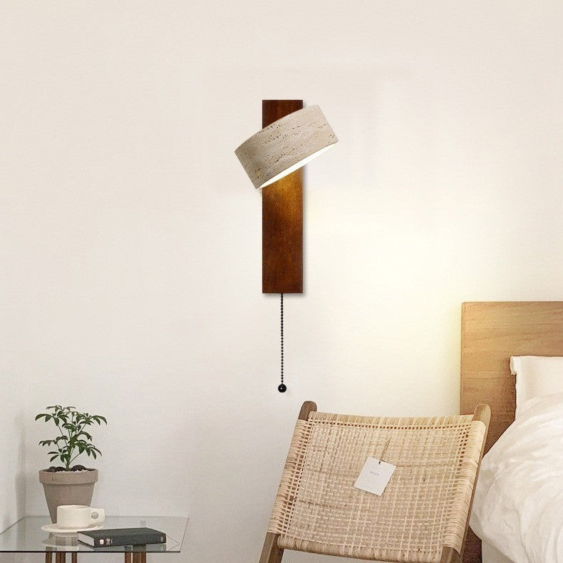 Japanese Rectangle Yellow Travertine Solid Wood Wall Sconce — Walnut Color / White Light (5000K) / 110V-120V For US/CA