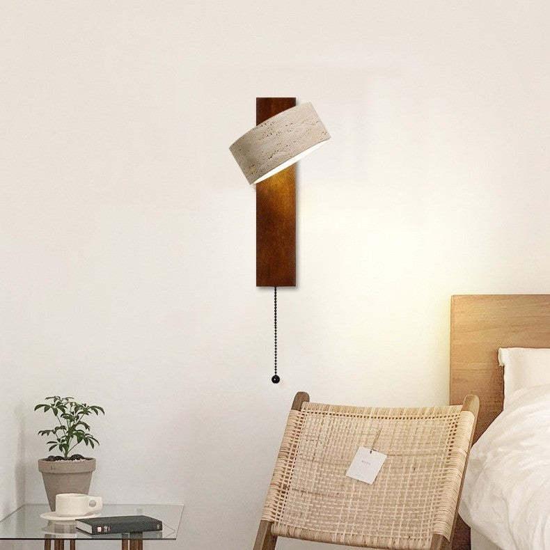 Japanese Rectangle Yellow Travertine Solid Wood Wall Sconce — Walnut Color / White Light (5000K) / 110V-120V For US/CA