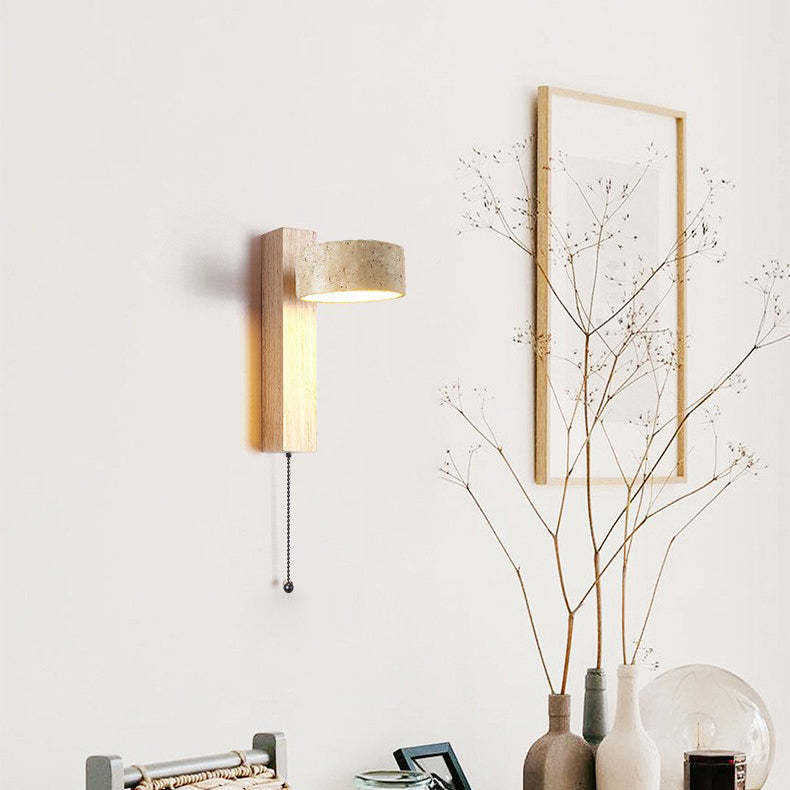 Japanese Rectangle Yellow Travertine Solid Wood Wall Sconce — Wood Color / Warm Light(3000K) / 220V-240V For UK/AU