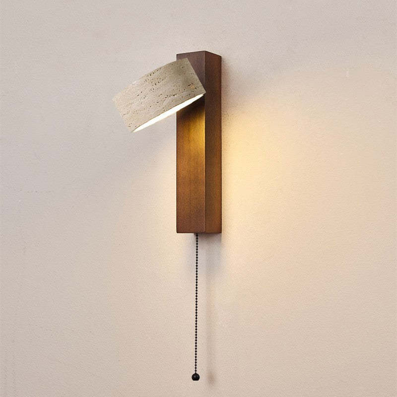 Japanese Rectangle Yellow Travertine Solid Wood Wall Sconce — Wood Color - With Zipper Switch / Warm Light(3000K) / 220V-240V For UK/AU