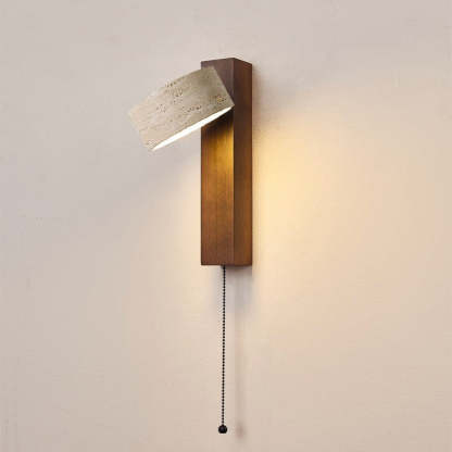 Japanese Rectangle Yellow Travertine Solid Wood Wall Sconce — Wood Color - With Zipper Switch / Warm Light(3000K) / 220V-240V For UK/AU