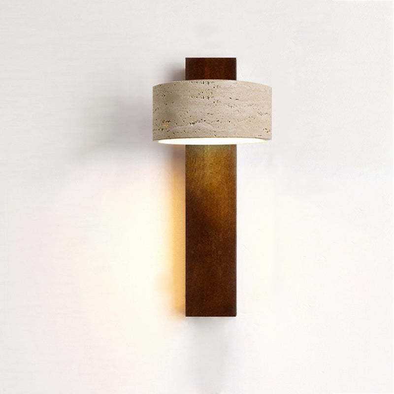 Japanese Rectangle Yellow Travertine Solid Wood Wall Sconce — Wood Color - With Zipper Switch / White Light (5000K) / 110V-120V For US/CA
