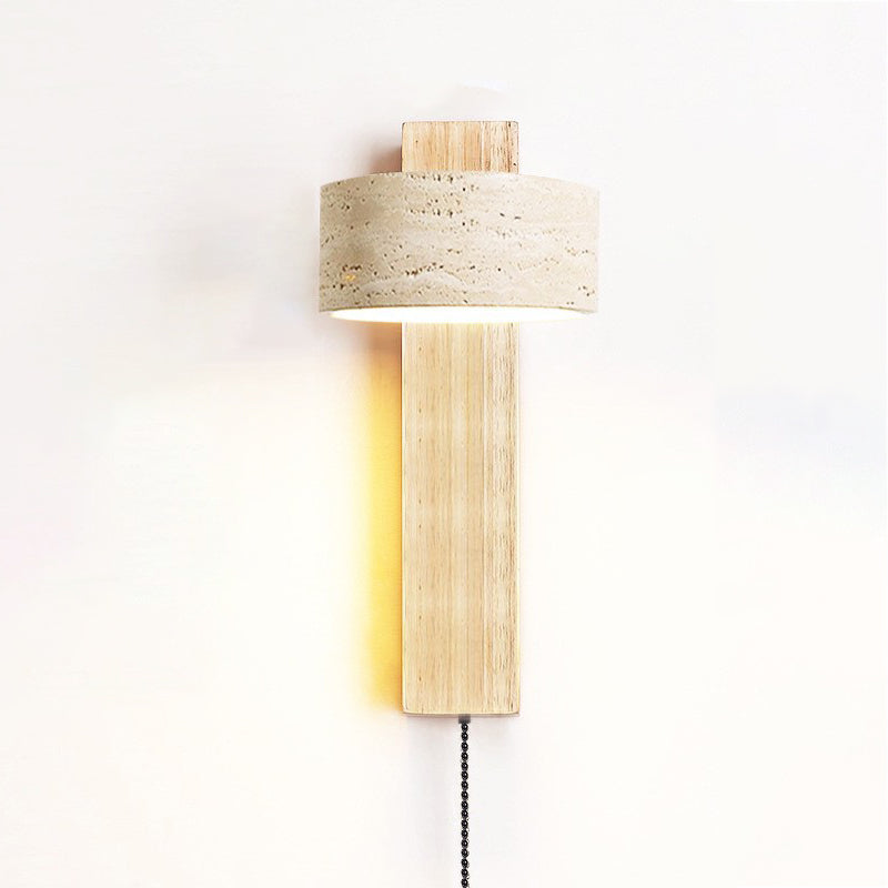 Japanese Rectangle Yellow Travertine Solid Wood Wall Sconce