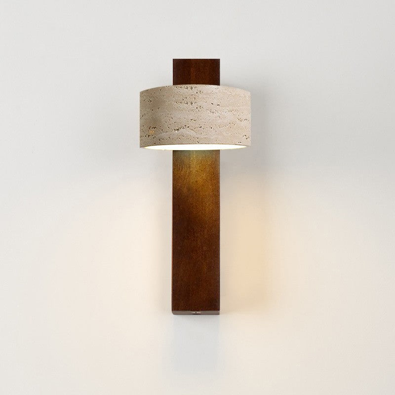 Japanese Rectangle Yellow Travertine Solid Wood Wall Sconce