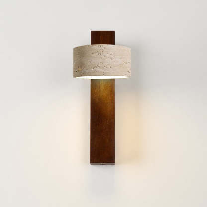 Japanese Rectangle Yellow Travertine Solid Wood Wall Sconce