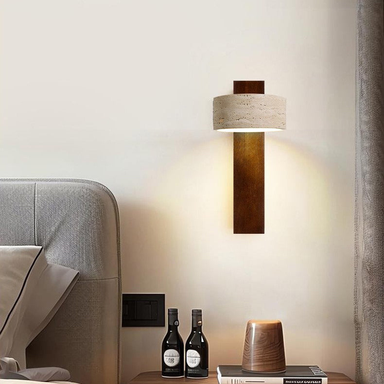 Japanese Rectangle Yellow Travertine Solid Wood Wall Sconce — Walnut Color / Warm Light(3000K) / 220V-240V For UK/AU