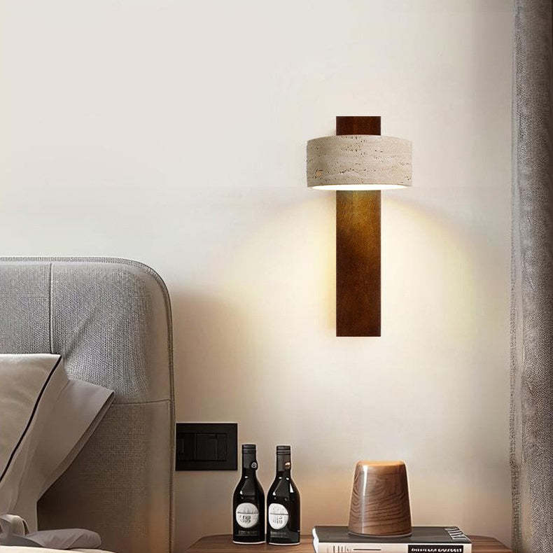 Japanese Rectangle Yellow Travertine Solid Wood Wall Sconce — Walnut Color / Warm Light(3000K) / 220V-240V For UK/AU